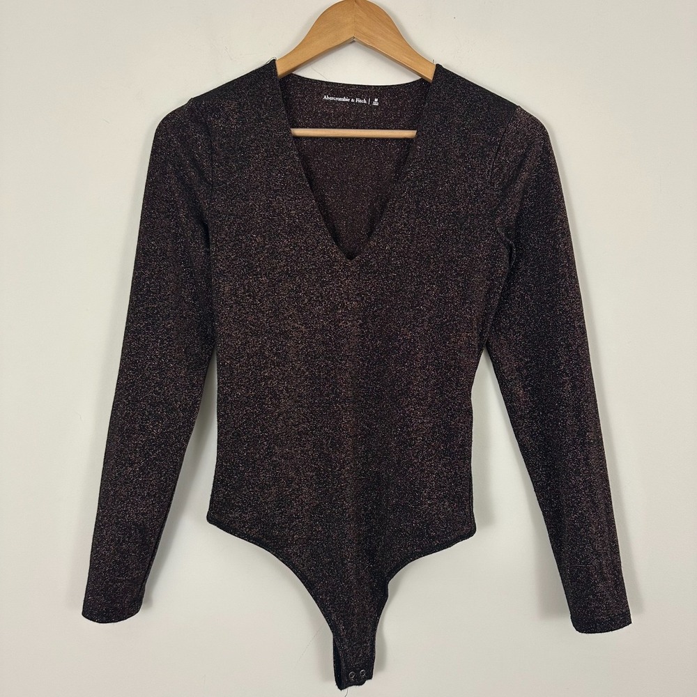 Abercrombie & Fitch Bodysuit Brown Metallic Viscose Stretch V Neck Womens Medium